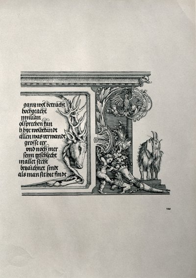 Saksan keisari Maximilianus I:n riemukaari 1459-1519: yksityiskohta hirvennahasta, jossa on keisarin sukulaisuussuhteita ylistävä kaiverrus, sekä luppakorvainen vuohi, joka on terävyyden symboli. tekijältä Albrecht Dürer