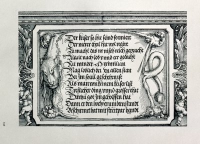 Saksan keisari Maximilian I:n riemukaari 1459-1519: yksityiskohta koristeesta, jossa on leijonannahka, jossa on keisarin sukulaisuussuhteita ylistävä kaiverrus, pub. 151718 puupiirros tekijältä Albrecht Dürer