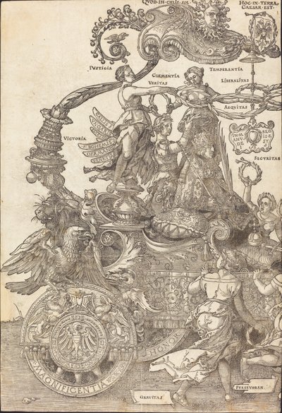 Maximilian I:n voittovaunut Suuri voittoauto [kilpi 1/8], 1523 latinalainen painos. tekijältä Albrecht Dürer