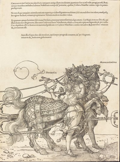 Maximilian I:n voittovaunut Suuri voittoauto [kilpi 7/8], 1523 latinalainen painos. tekijältä Albrecht Dürer
