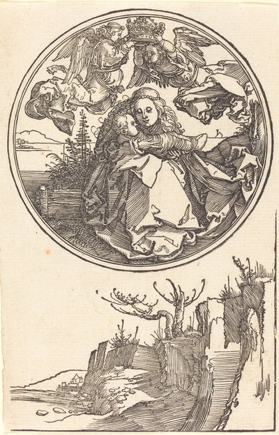 Kahden enkelin kruunaama Neitsyt maiseman yläpuolella, vuonna 1515 tai sitä ennen. tekijältä Albrecht Dürer