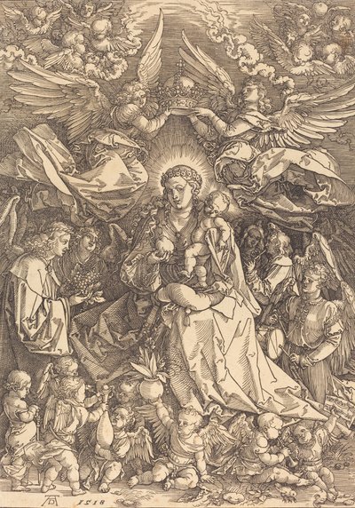 Neitsyt monien enkelien ympäröimänä, 1518. tekijältä Albrecht Dürer