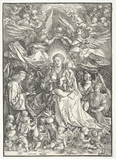 Neitsyt monien enkelien ympäröimänä, 1518. tekijältä Albrecht Dürer