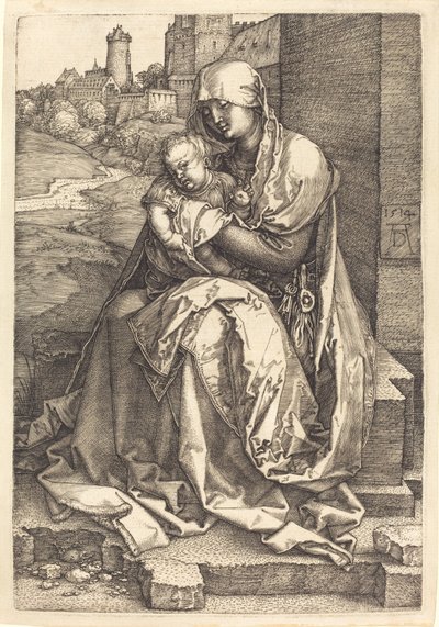 Neitsyt ja lapsi istuvat seinällä tekijältä Albrecht Dürer