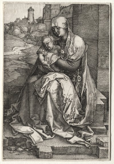 Neitsyt ja lapsi istuvat seinällä tekijältä Albrecht Dürer