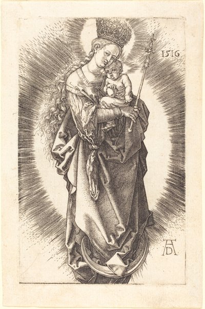 Neitsyt ja lapsi puolikuussa, valtikka ja tähtikruunu tekijältä Albrecht Dürer
