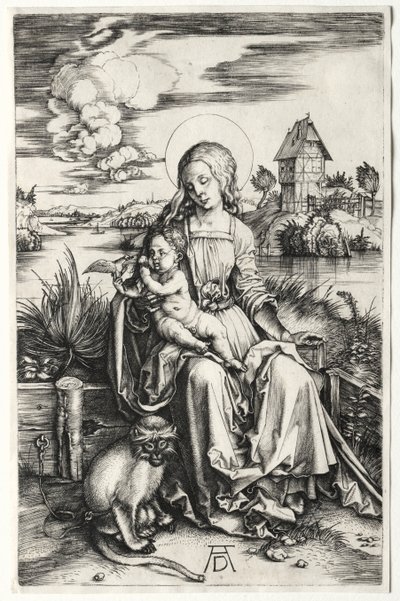 Neitsyt ja lapsi apinan kanssa, n. 1498. tekijältä Albrecht Dürer