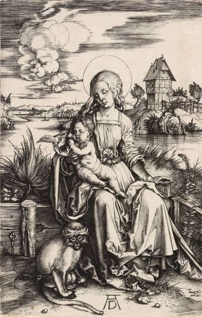 Neitsyt ja lapsi apinan kanssa, n. 1498. tekijältä Albrecht Dürer