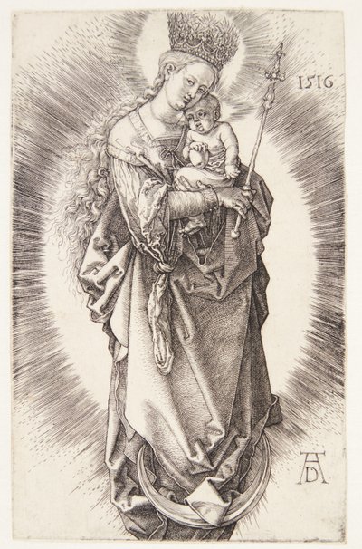 Neitsyt puolikuun päällä tähtien kruunulla ja valtikka tekijältä Albrecht Dürer