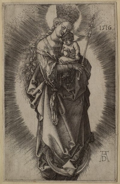 Neitsyt kuunsirpillä, valtikka ja tähtikruunu mukanaan tekijältä Albrecht Dürer