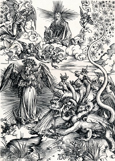 Nainen pukeutunut aurinkoon ja seitsenpäiseen lohikäärmeeseen, 1498 1906 tekijältä Albrecht Dürer