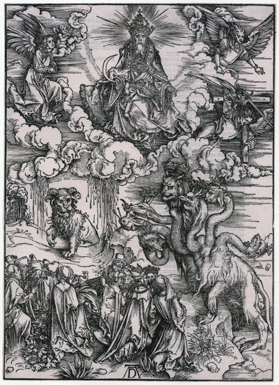 Lampaan sarvet omaava eläin, XI. kuva, sarjan ”Apokalypsi” sivu 13 tekijältä Albrecht Dürer