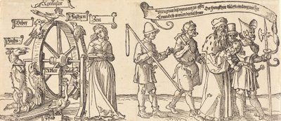Aika ja kettu kääntämässä onnenpyörää kaikentasoisten ihmisten kanssa oikealle, luultavasti 1526. tekijältä Albrecht Dürer