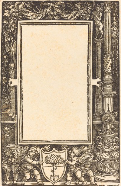 Otsikkoreuna, jossa Putti pitelee Pirkkheimerin aseita tekijältä Albrecht Dürer