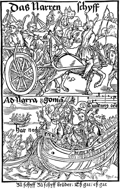Sebastian Brantin Hullujen laivan painoksen nimisivu 1494. tekijältä Albrecht Dürer