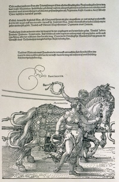 Saksan keisari Maximilian I:n voittovaunut (1459-1519): yksityiskohta hevosryhmistä, joita ohjaavat kaksi hyvettä, Providence ja Moderation, pubi. n. 1518 (puupiirros) tekijältä Albrecht Dürer