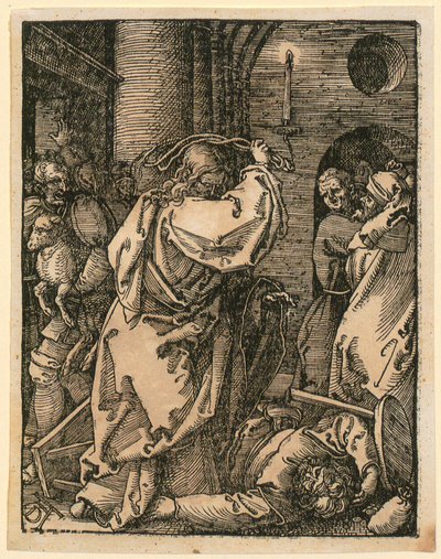 Kauppiaiden karkottaminen, lehti 7 sarjasta "Pieni puupiirrospassio" tekijältä Albrecht Dürer