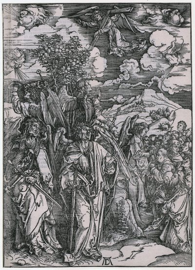 Neljä enkeliä, jotka pidättävät tuulet / Valittujen sinetöinti, V. kuva, sarjan ”Apokalypsi” 7. lehti tekijältä Albrecht Dürer