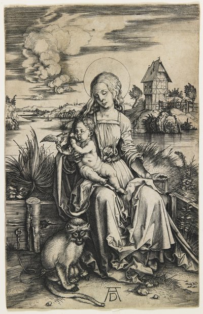 Neitsyt ja lapsi apinan kanssa, n. 1498 tekijältä Albrecht Dürer