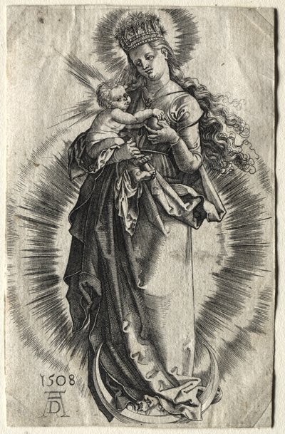 Neitsyt puolikuun päällä, tähtikruunu päässään tekijältä Albrecht Dürer