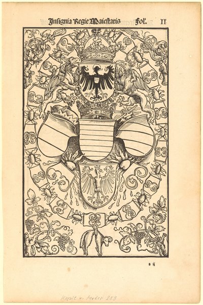 Maximilian I:n vaakuna Rooman kuninkaana [etupuoli]; Florian Waldaufin (Waldauff) von Waldensteinin vaakuna [takapuoli] tekijältä Albrecht Dürer
