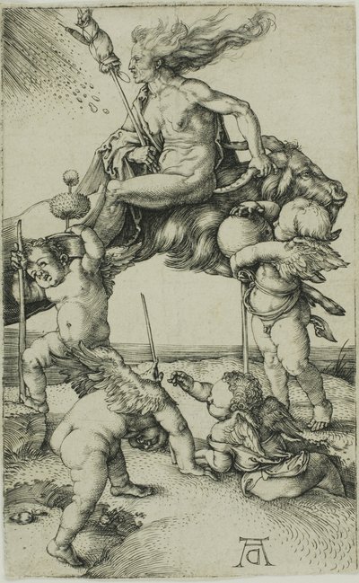 Noita ratsastaa taaksepäin vuohen selässä tekijältä Albrecht Dürer