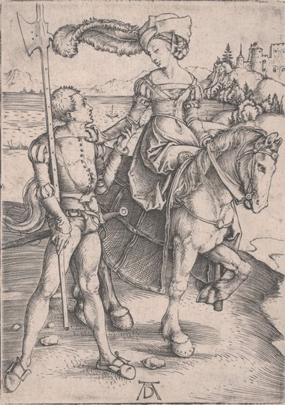 Nainen hevosen selässä ja Lansquenet tekijältä Albrecht Dürer