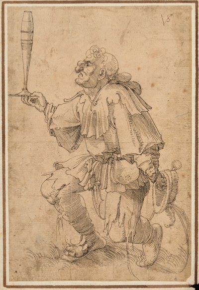Groteski mies polvistumassa pitelee korkeaa olutlasia tyvessään tekijältä Albrecht Dürer