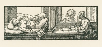 Mies piirtää makaavaa naista tekijältä Albrecht Dürer or Duerer