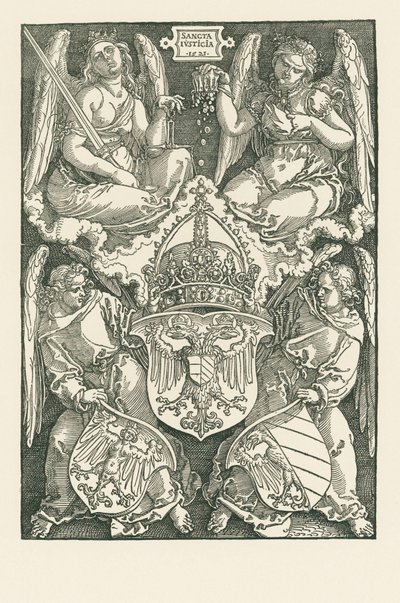 Allegoria, jossa on valtakunnan ja Nürnbergin kaupungin vaakuna. tekijältä Albrecht Dürer or Duerer