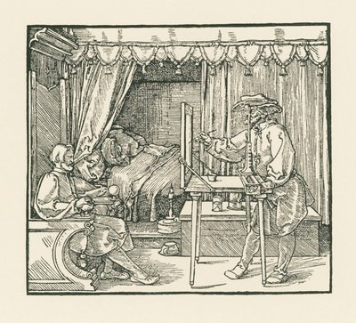 Taiteilija piirtää istuvan miehen lasitasolle näkövakaimen läpi. tekijältä Albrecht Dürer or Duerer