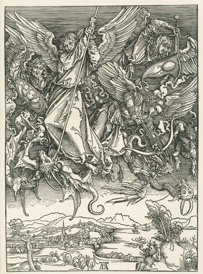 Arkkienkeli Mikael taistelee lohikäärmettä vastaan. Johanneksen ilmestys, noin 1498 (puupiirros). tekijältä Albrecht Dürer or Duerer