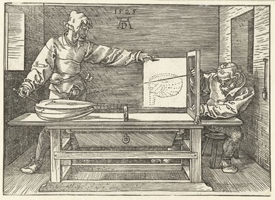 Taiteilija piirtää luuttua tekijältä Albrecht Dürer or Duerer