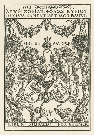 Willibald Pirckheimerin kirjakilpi, noin 1502 (puupiirros). tekijältä Albrecht Dürer or Duerer