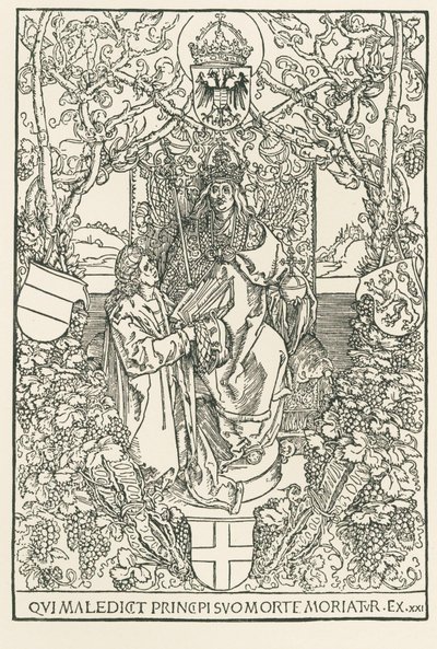 Celtes esittelee teoksensa keisari Maximilianukselle, painettu Sodalitas Celtica -lehteä varten, Nürnberg. tekijältä Albrecht Dürer or Duerer