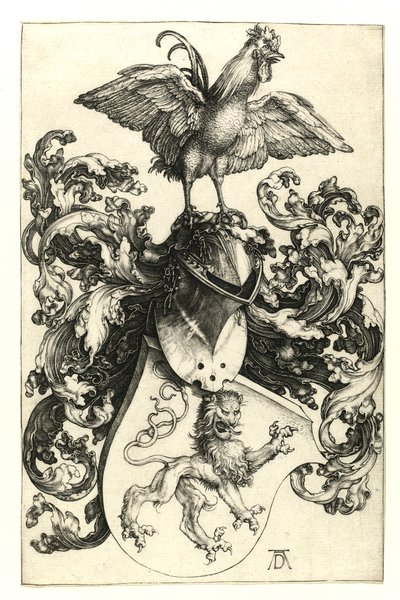 Vaakuna, jossa leijona ja kukko. 1502-03 tekijältä Albrecht Dürer