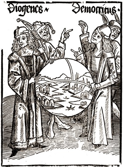 Diogenes (-413 - -327) ja Demokritos (-460 - -370) - Sébastien Brandtin (1458 - 1521) teoksessa "Das Narrenschif (Tyhmien vene)". Kaiverrus. tekijältä Albrecht Dürer