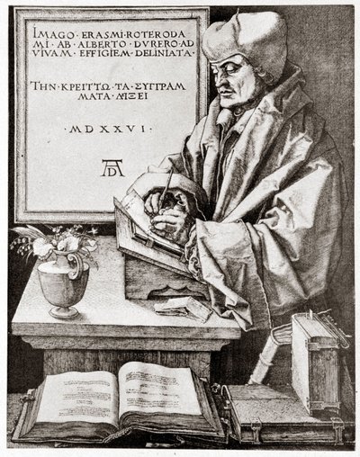 Erasmus kirjoitukseensa - Albrecht Durerin kaiverrus, jäljennetty 1900-luvun alussa. tekijältä Albrecht Dürer
