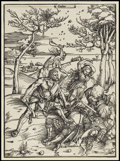 Herkules voittaa Kakuksen, noin 1496 (puupiirros). tekijältä Albrecht Dürer or Duerer
