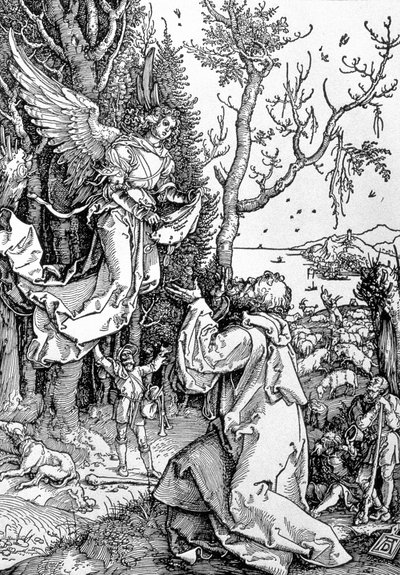 Joachim ja enkeli "Life of the Virgin" -sarjasta, pub. 1511 (puupiirros) tekijältä Albrecht Dürer