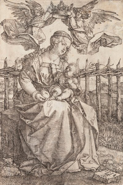Kahden enkelin kruunaama Neitsyt Maria - Albrecht Durerin (1471-1528) kuparikaiverrus tekijältä Albrecht Dürer