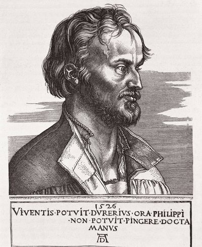 MELANCHTON, Philipp Schwarzerd, soitti (1497-1560). Teologi ja Lutherin yhteistyökumppani (kaiverrus) tekijältä Albrecht Dürer