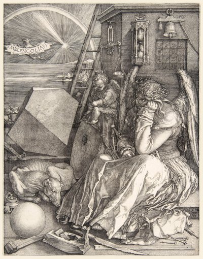 Albrecht Dürerin (1471-1528) Melencolia I hänen kolmesta vuonna 1514 valmistuneesta kaiverruksestaan. tekijältä Albrecht Dürer