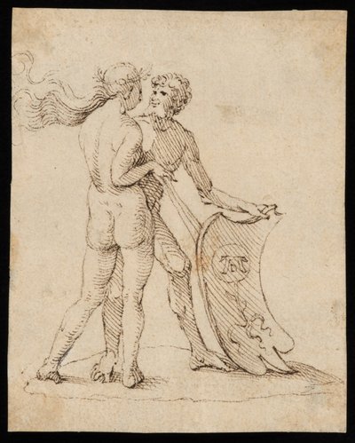 Alaston nainen ja mies kilven kanssa, jossa on Willibald Pirckheimerin vaakuna tekijältä Albrecht Dürer