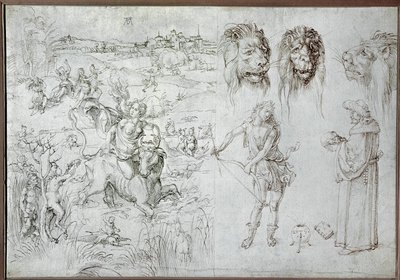 Euroopan raiskaus, leijonanpäitä, jousimies, tietäjä, pääkallo (piirros) tekijältä Albrecht Dürer or Duerer