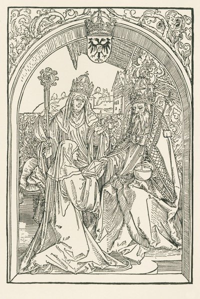 Roswitha esittelee teoksensa keisari Otto I:lle veljentyttärensä Gerban, Gandersheimin abbedissa, läsnä ollessa. tekijältä Albrecht Dürer or Duerer