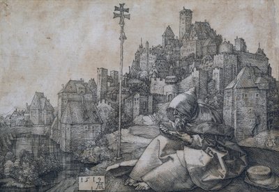 Pyhä Antonius istuu kaupungin edessä - Albrecht Durerin kuparikaiverrus (1471-1528) tekijältä Albrecht Dürer