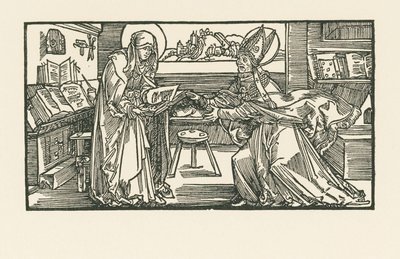 Pyhä Birgitta kammiossaan luovuttamassa työtään piispalle. tekijältä Albrecht Dürer or Duerer
