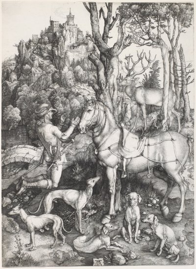 Saint Eustace, n. 1500-1501 (kaiverrus) tekijältä Albrecht Dürer