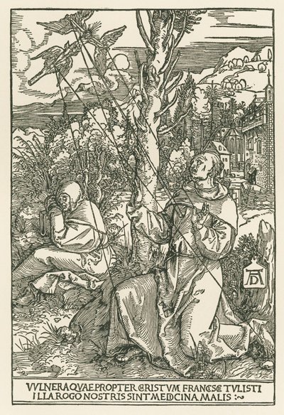 Pyhä Fransiskus vastaanottaa stigmat, noin 1503-04 (puupiirros). tekijältä Albrecht Dürer or Duerer